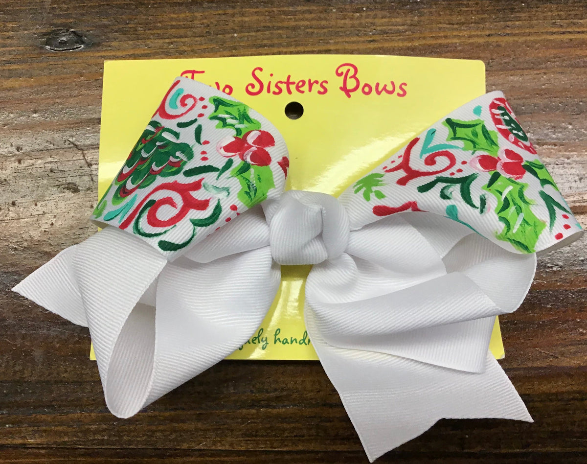 Christmas Tree & Holly -Handpainted White Hair bow - Choose 6â or 8â