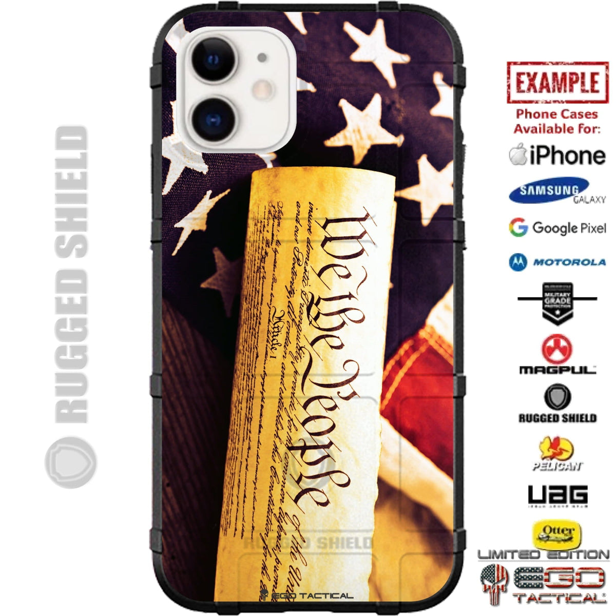 We the People, US Constitution over US Flag Custom Printed Case Design for Apple, Samsung, Google & Motorola Phone Models