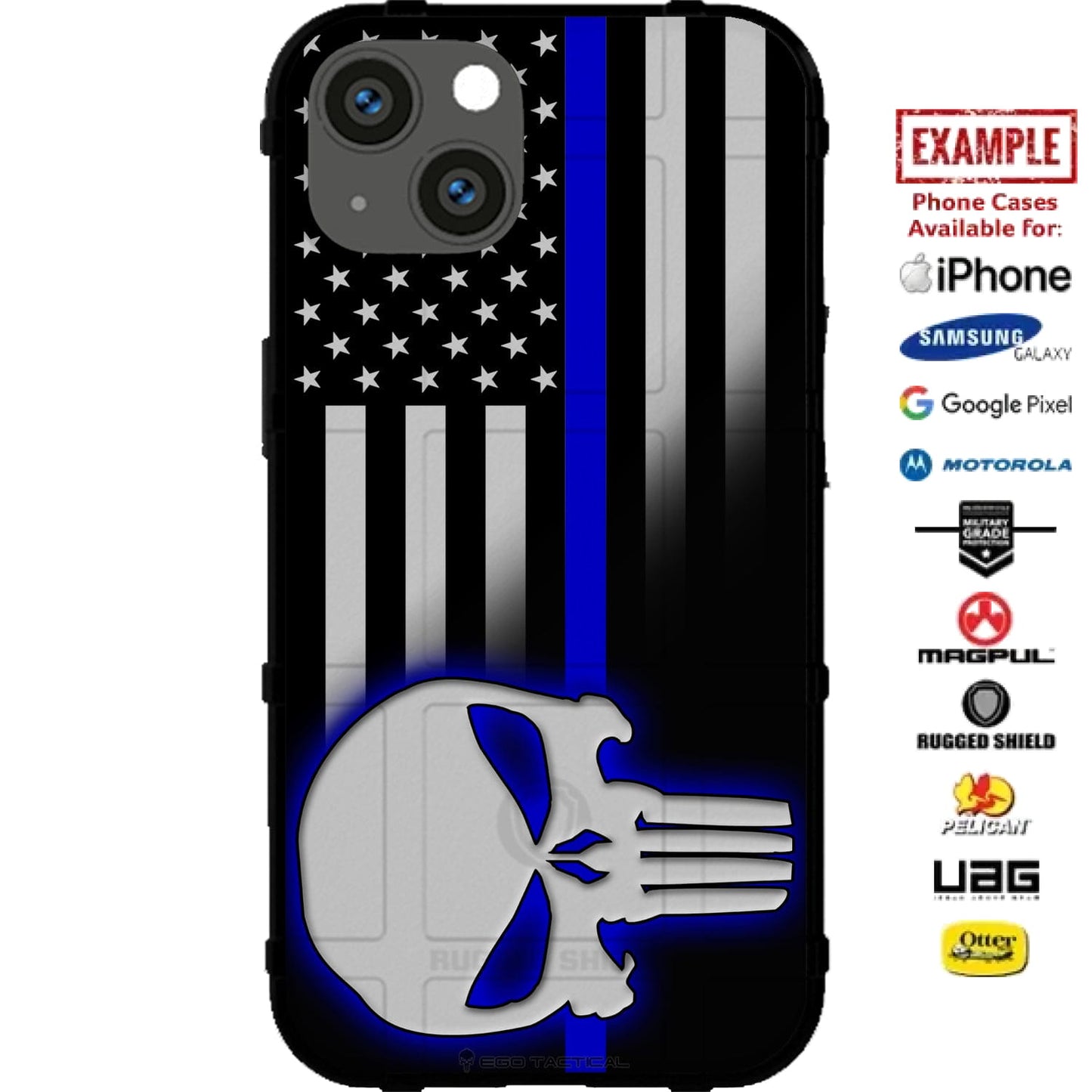 Thin Blue Line US American Flag Police Punisher Custom Printed Case Design for Apple, Samsung, Google & Motorola Phone Models