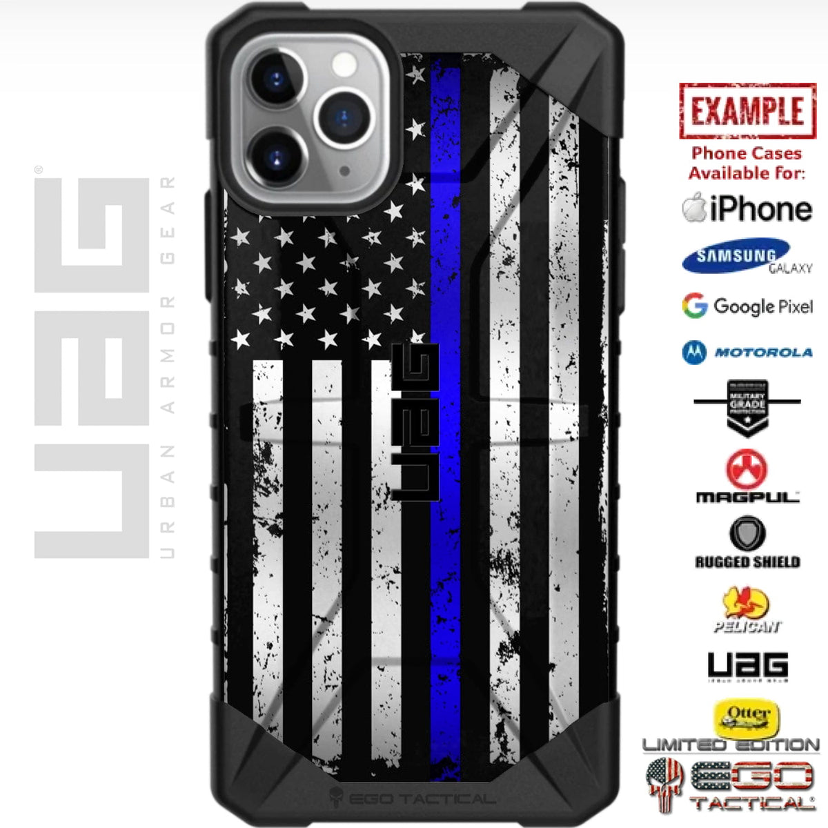 Subdued Reversed US American Flag Thin Blue Line Custom Printed Case Design for Apple, Samsung, Google & Motorola Phone Models
