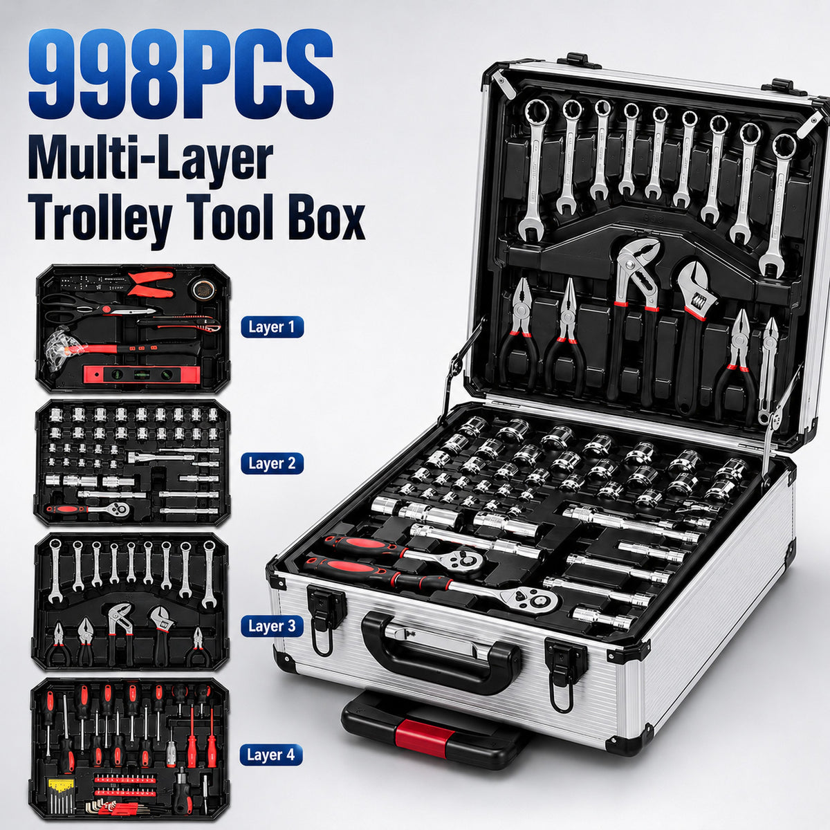 998/42pcs Complete Auto Repair Tool Set, Aluminum Trolley Tool Box on Wheels, Professional Mechanic Tool Kit, CR-V Steel Hand Tools, Ratchets, Wrenches, Sockets & Pliers for Auto Repair, Garage, Workshop, Home DIY Maintenance