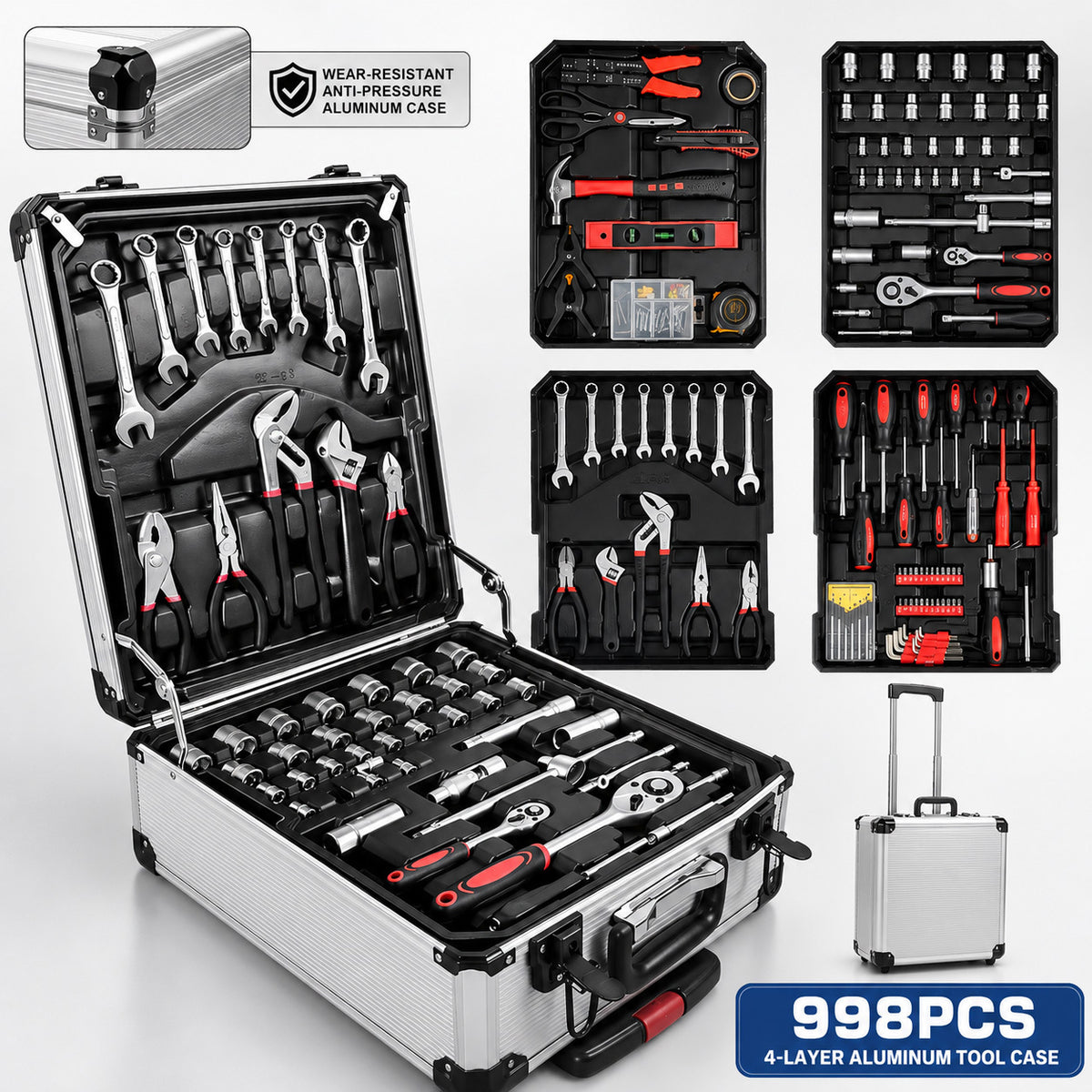 998/42pcs Complete Auto Repair Tool Set, Aluminum Trolley Tool Box on Wheels, Professional Mechanic Tool Kit, CR-V Steel Hand Tools, Ratchets, Wrenches, Sockets & Pliers for Auto Repair, Garage, Workshop, Home DIY Maintenance