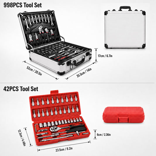 998/42pcs Complete Auto Repair Tool Set, Aluminum Trolley Tool Box on Wheels, Professional Mechanic Tool Kit, CR-V Steel Hand Tools, Ratchets, Wrenches, Sockets & Pliers for Auto Repair, Garage, Workshop, Home DIY Maintenance