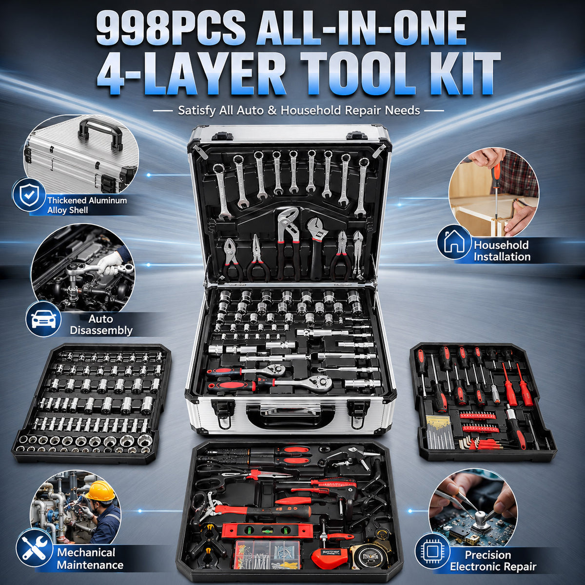998/42pcs Complete Auto Repair Tool Set, Aluminum Trolley Tool Box on Wheels, Professional Mechanic Tool Kit, CR-V Steel Hand Tools, Ratchets, Wrenches, Sockets & Pliers for Auto Repair, Garage, Workshop, Home DIY Maintenance