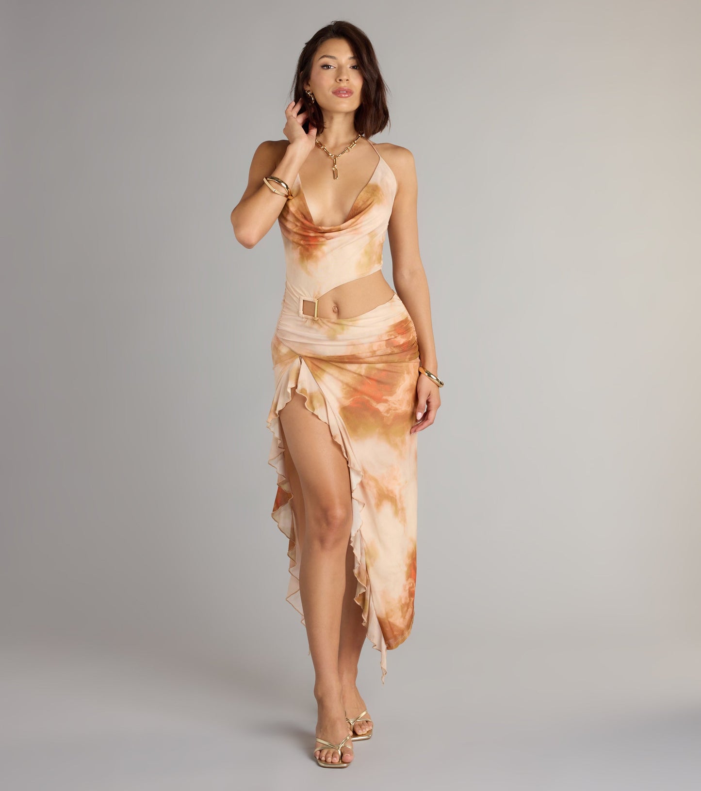 Golden Hour Glow Abstract Print Cutout Midi Dress