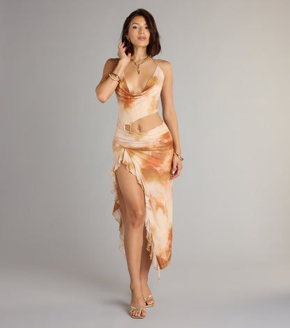 Golden Hour Glow Abstract Print Cutout Midi Dress