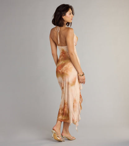 Golden Hour Glow Abstract Print Cutout Midi Dress