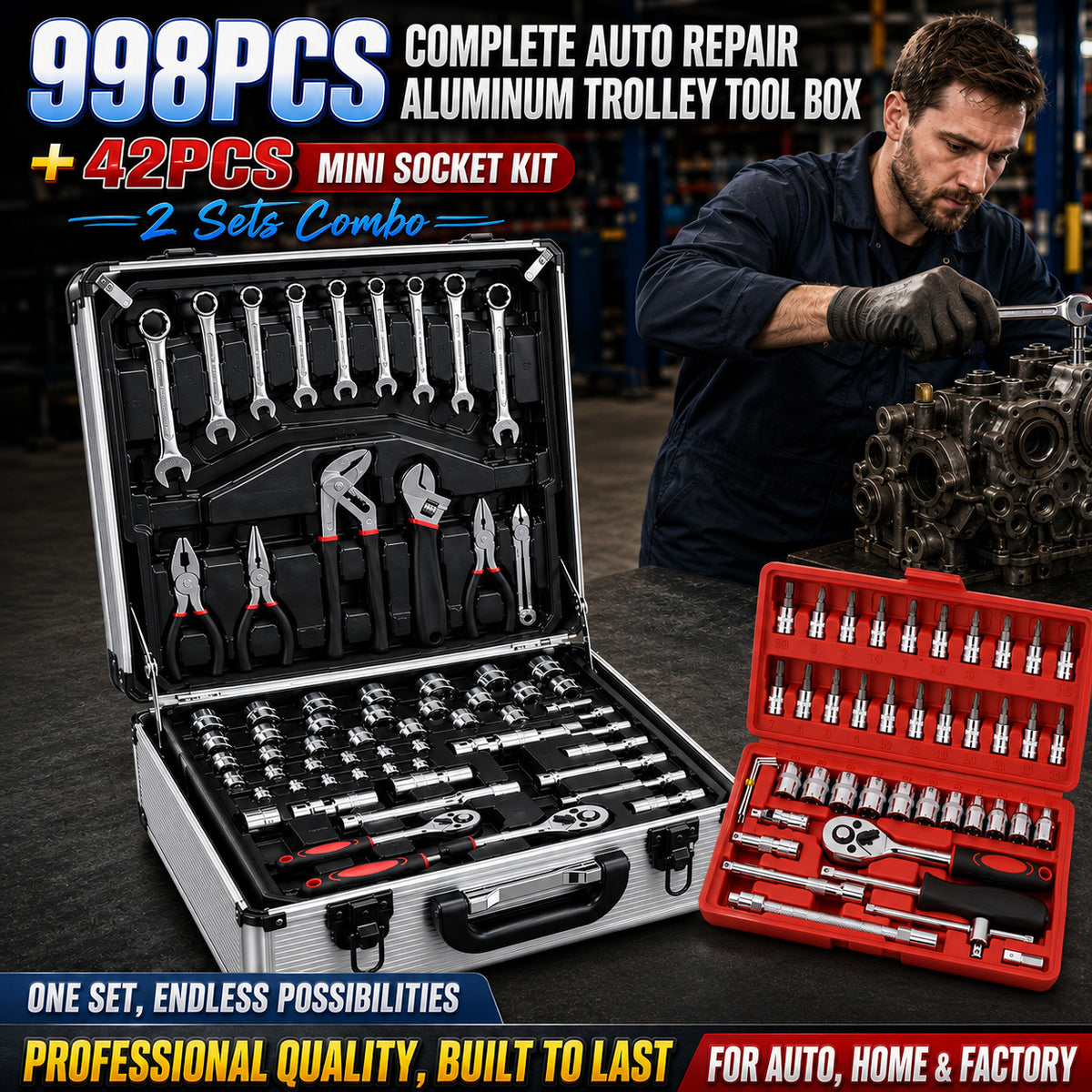 998/42pcs Complete Auto Repair Tool Set, Aluminum Trolley Tool Box on Wheels, Professional Mechanic Tool Kit, CR-V Steel Hand Tools, Ratchets, Wrenches, Sockets & Pliers for Auto Repair, Garage, Workshop, Home DIY Maintenance