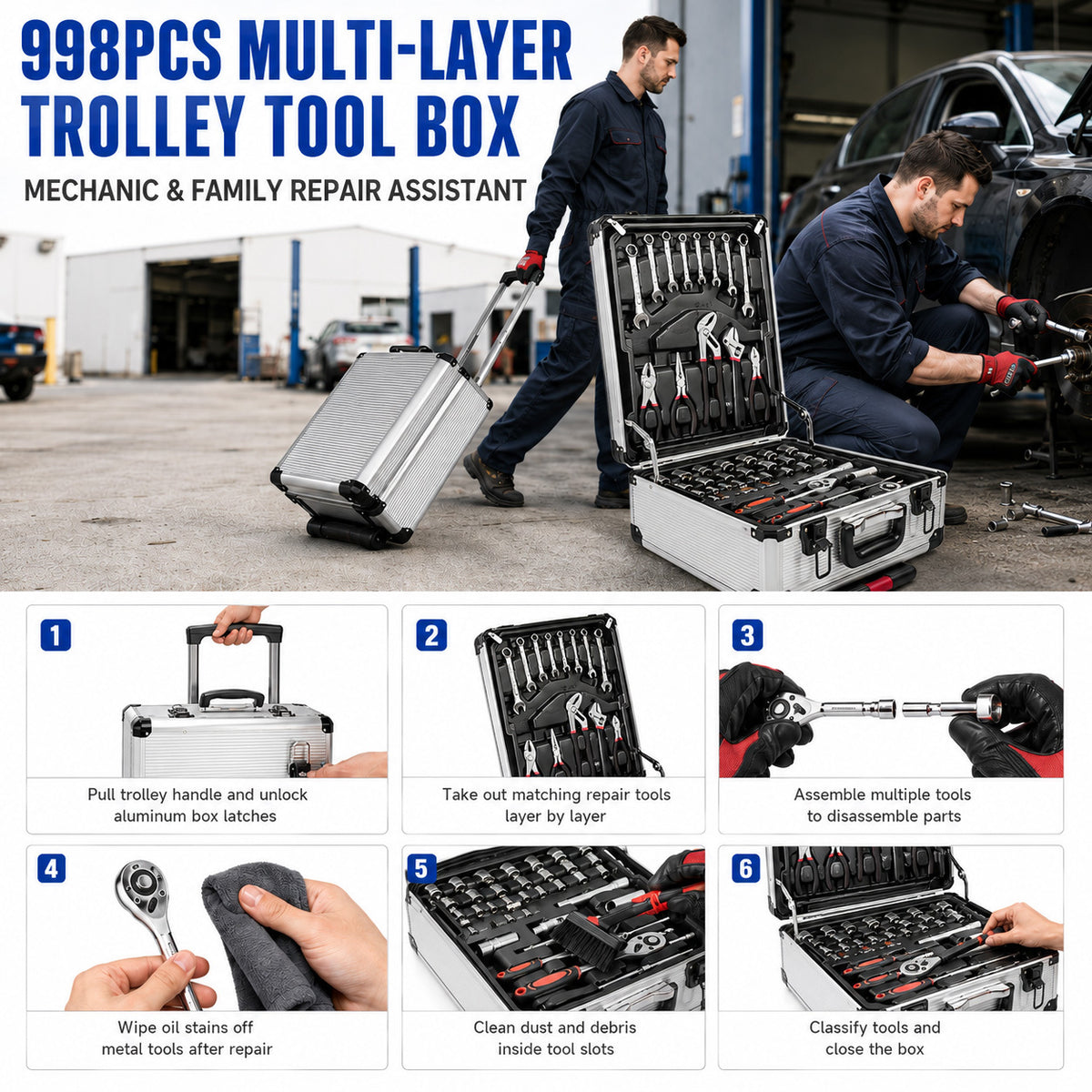 998/42pcs Complete Auto Repair Tool Set, Aluminum Trolley Tool Box on Wheels, Professional Mechanic Tool Kit, CR-V Steel Hand Tools, Ratchets, Wrenches, Sockets & Pliers for Auto Repair, Garage, Workshop, Home DIY Maintenance