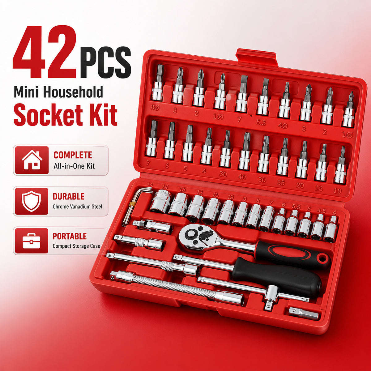 998/42pcs Complete Auto Repair Tool Set, Aluminum Trolley Tool Box on Wheels, Professional Mechanic Tool Kit, CR-V Steel Hand Tools, Ratchets, Wrenches, Sockets & Pliers for Auto Repair, Garage, Workshop, Home DIY Maintenance