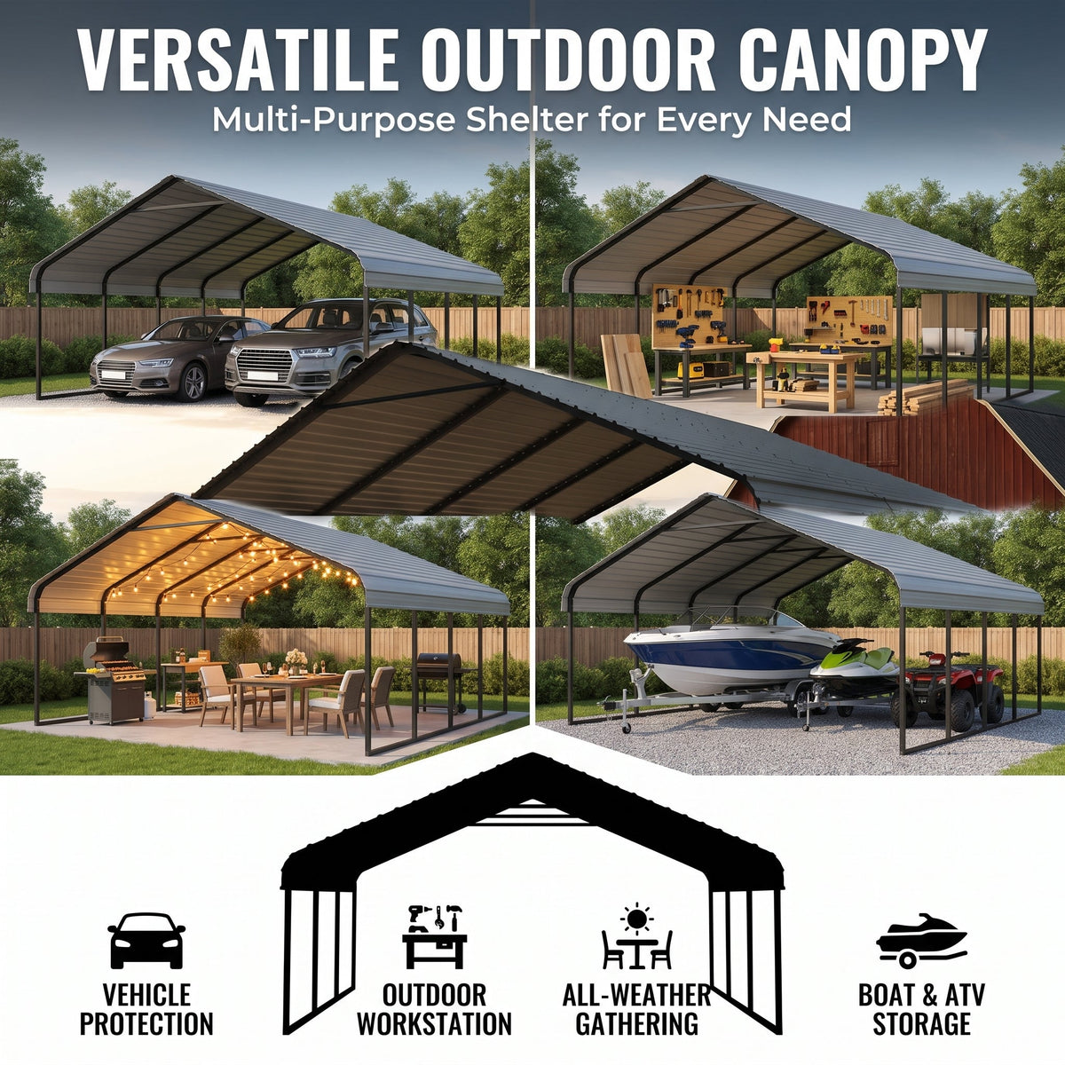 Heavy Duty Outdoor Carport Canopy 20×20 / 10×15 – Large Vehicle Shelter with Reinforced Steel Frame, Weather-Resistant Cover, Easy Assembly for Cars, Boats & Equipment