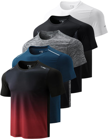 5 Pack Men’s Active Quick Dry Crew Neck T Shirts | Athletic Running Gym Workout Short Sleeve Tee Tops Bulk