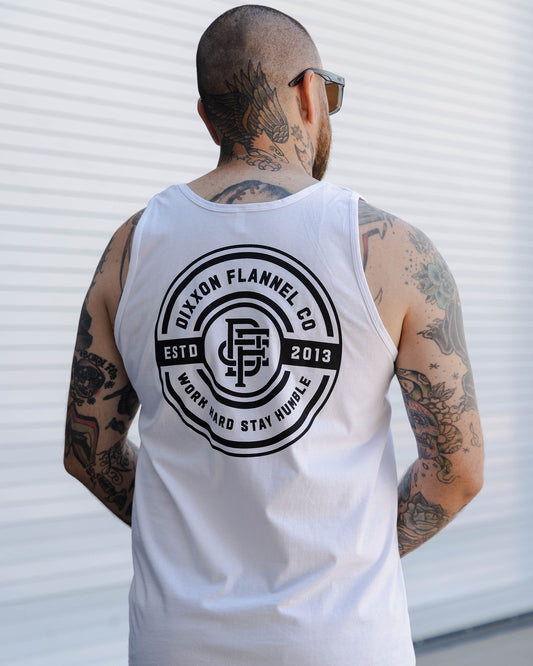 Black Work Hard Badge Tank - White