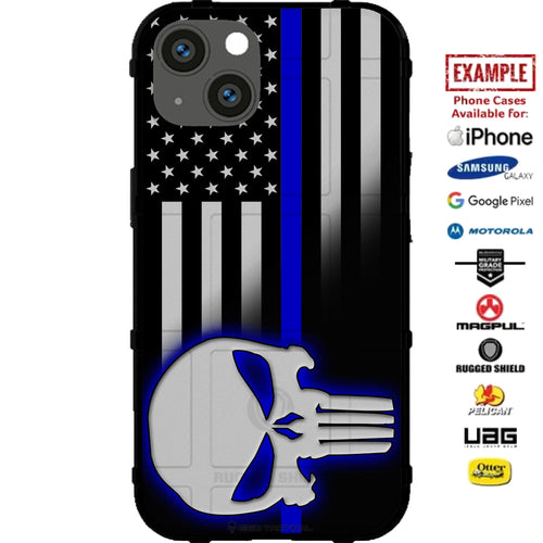 Thin Blue Line US American Flag Police Punisher Custom Printed Case Design for Apple, Samsung, Google & Motorola Phone Models