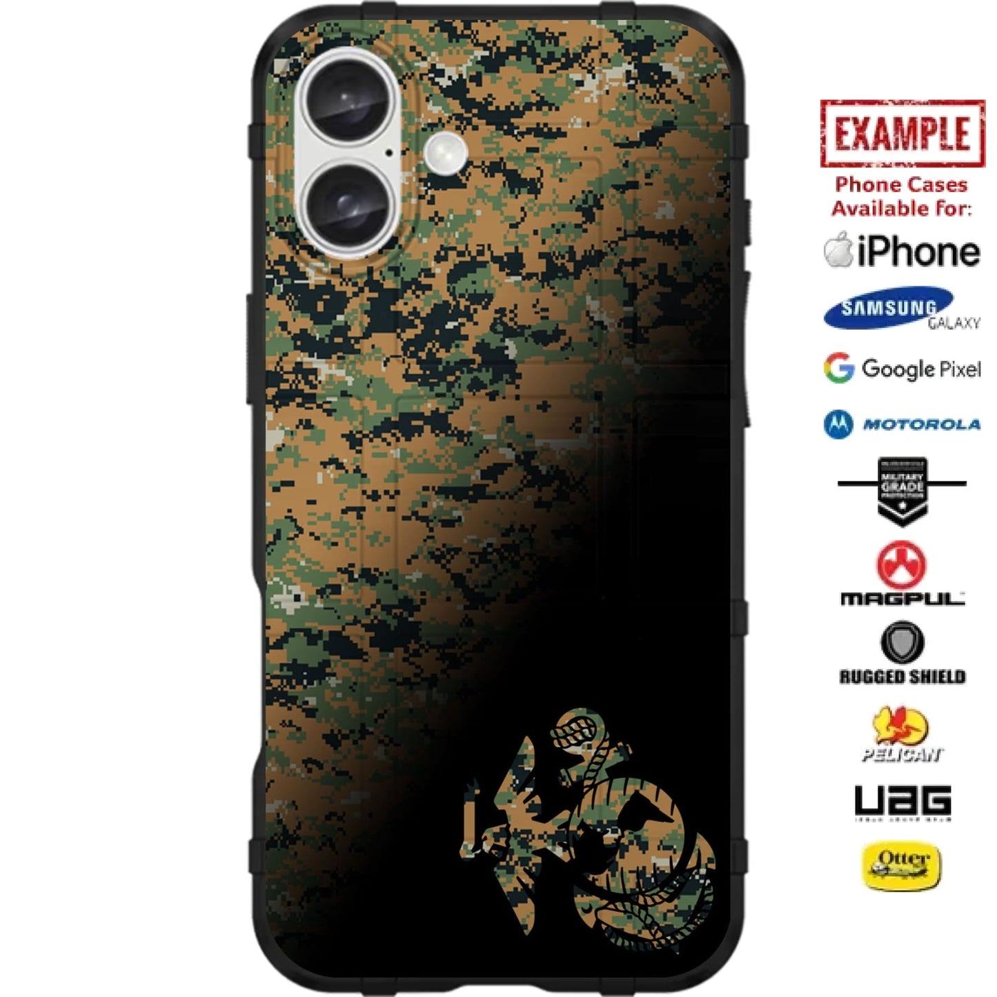 MARPAT Woodlands U.S. Marine Corps Logo Black Fade In Custom Printed Case Design for Apple, Samsung, Google & Motorola Phone Models