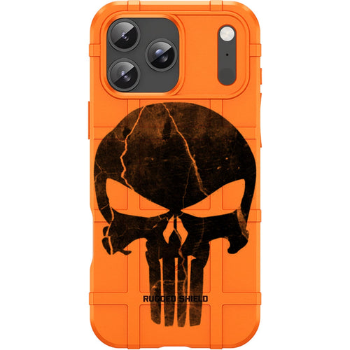 Orange Rugged Shield TPU Case with MagSafe Ring - Cracked Punisher Skull Design for iPhone 17 Pro & 17 Pro Max phone models