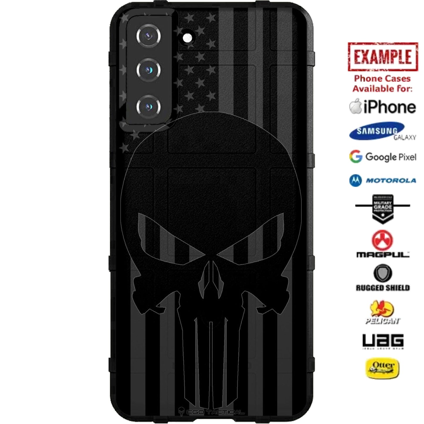 Punisher over Subdued Reversed Black Printed US American Flag Custom Printed Case Design for Apple, Samsung, Google & Motorola Phone Models