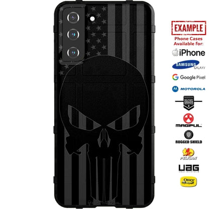 Punisher over Subdued Reversed Black Printed US American Flag Custom Printed Case Design for Apple, Samsung, Google & Motorola Phone Models