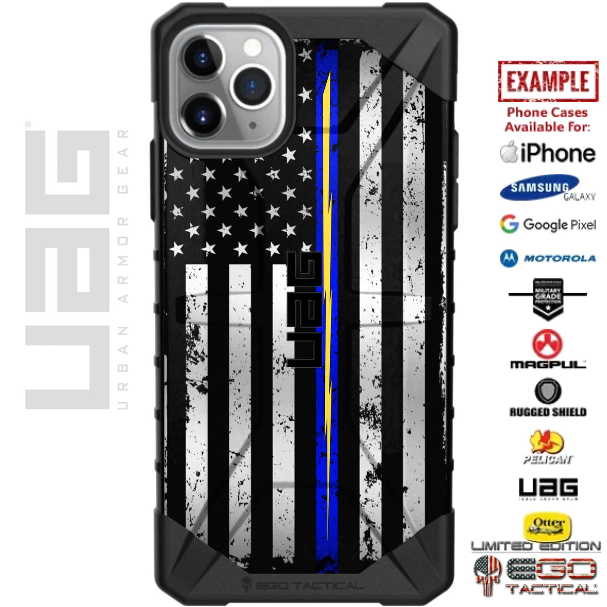Subdued Reversed US American Flag Thin Blue Line SWAT Lightning Bolt Custom Printed Case Design for Apple, Samsung, Google & Motorola Phone Models