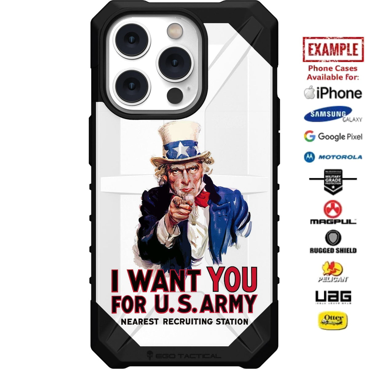 Uncle Sam, I Want You for U.S. Army White War Poster Custom Printed Case Design for Apple, Samsung, Google & Motorola Phone Models