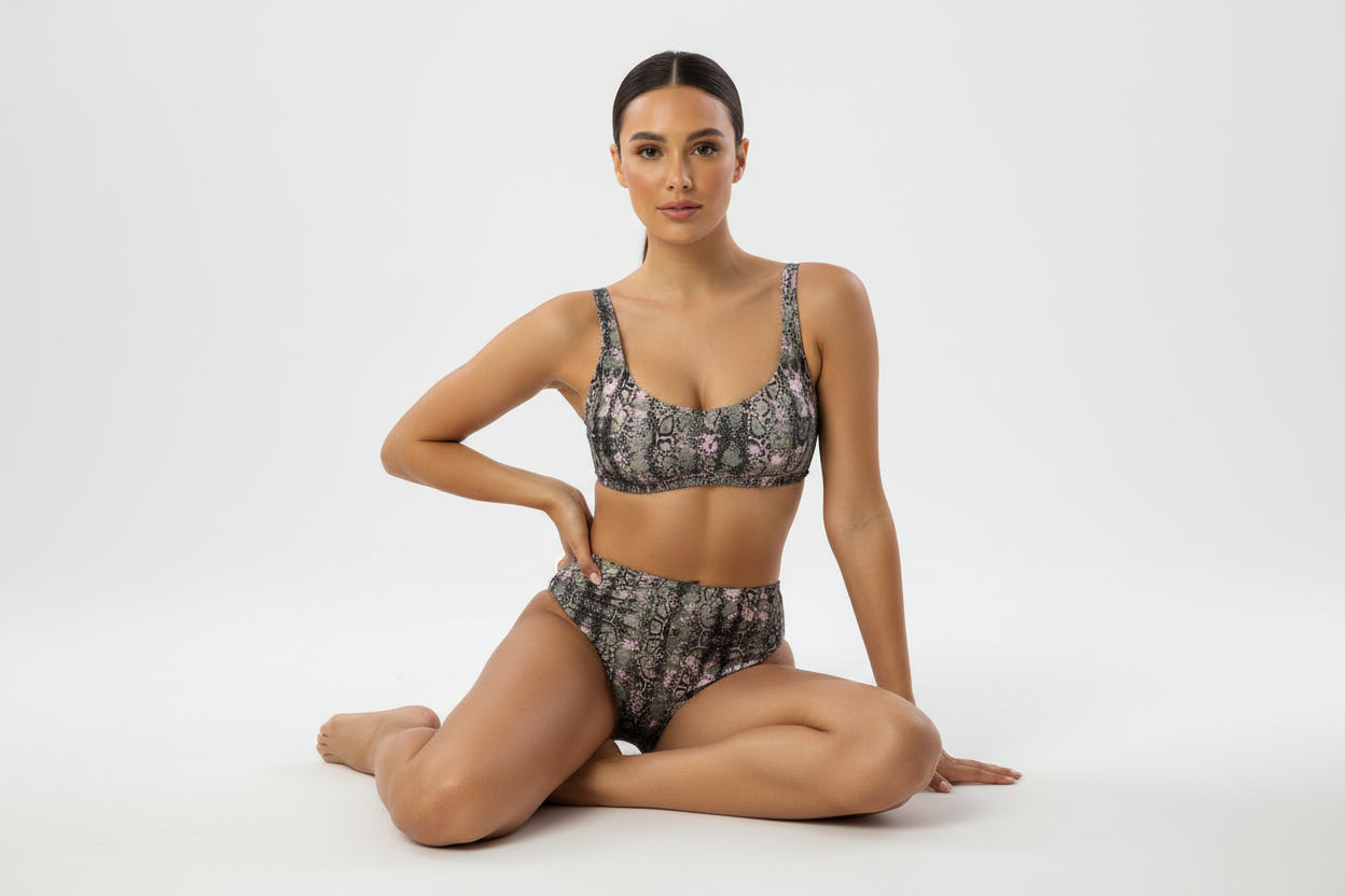 The Gymbum UK QuickDry Black Pink Snake Print High-Waisted Bikini