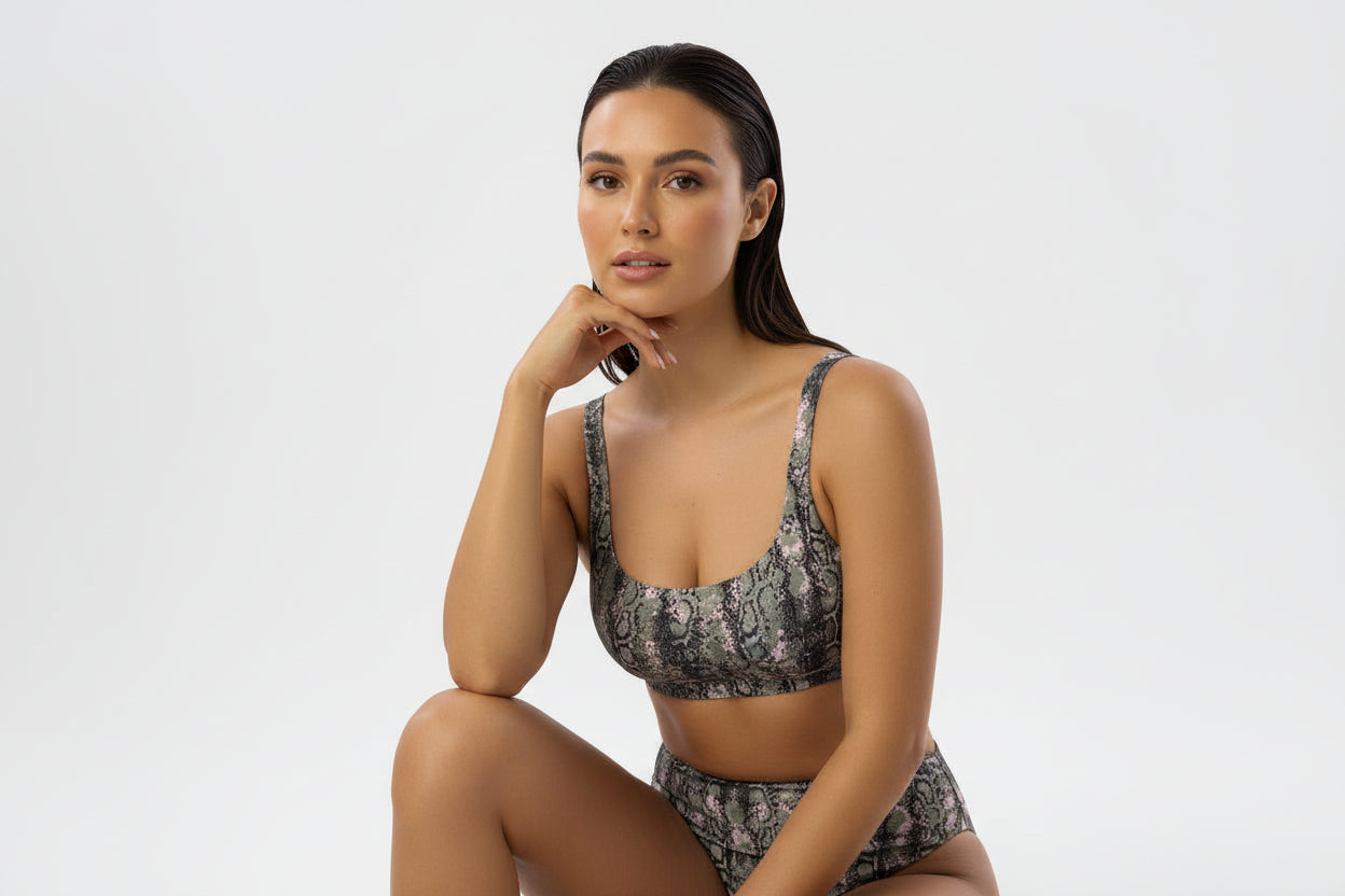 The Gymbum UK QuickDry Black Pink Snake Print High-Waisted Bikini