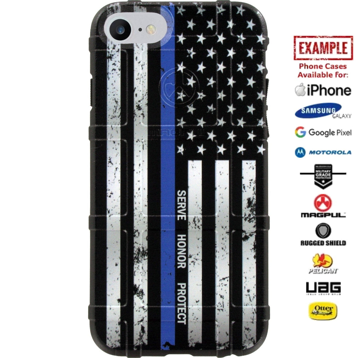Serve Honor Protect - Subdued US American Flag Thin Blue Line Custom Printed Case Design for Apple, Samsung, Google & Motorola Phone Models