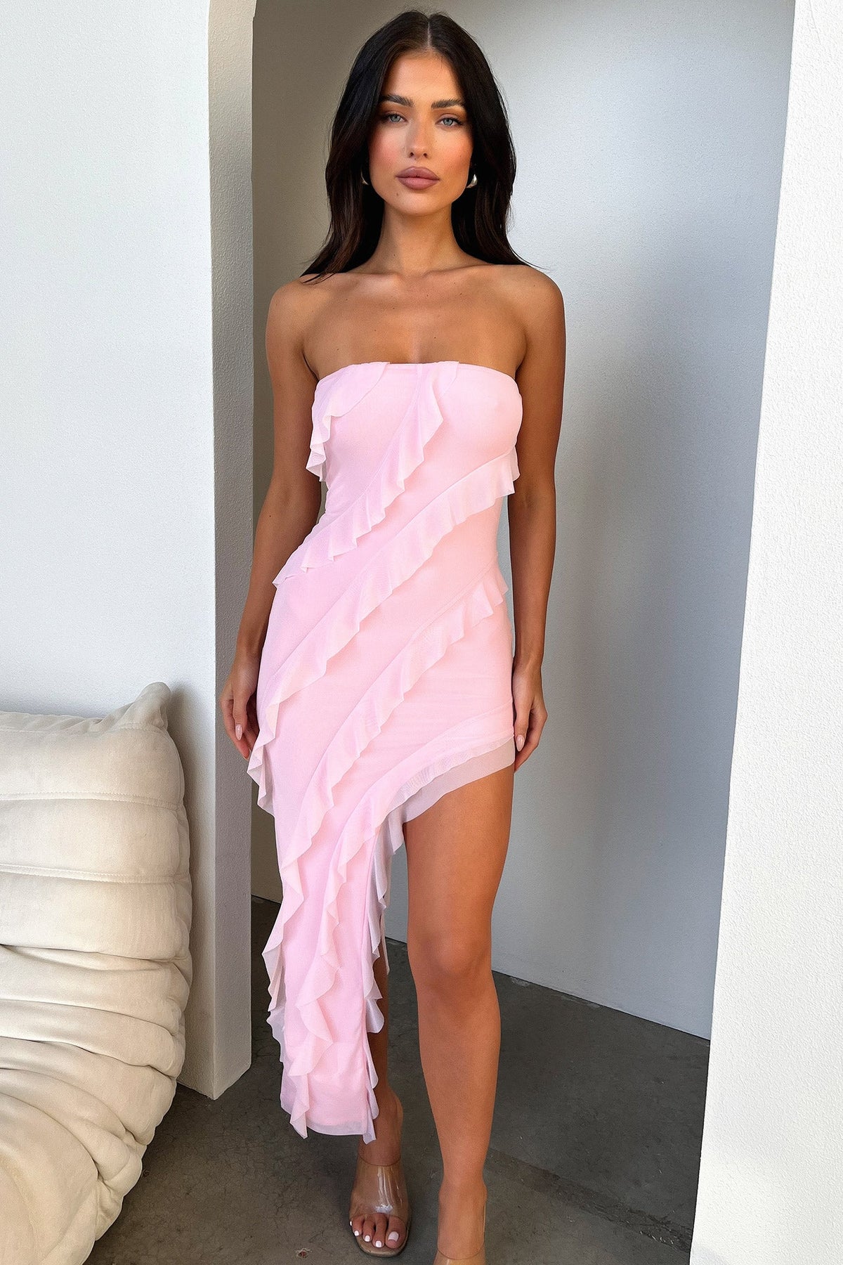 Jadore Strapless Ruffle Midi Dress - Pink