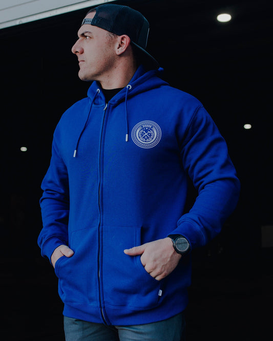 White Chain Badge Zip Up - Blue