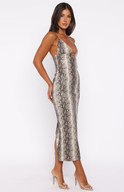 She's A Queen PU Midi Dress Tan Snake